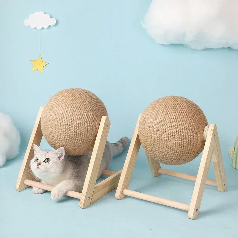 Solid Wood Natural Sisal Scratcher Cat Ball Toy - Alvorro