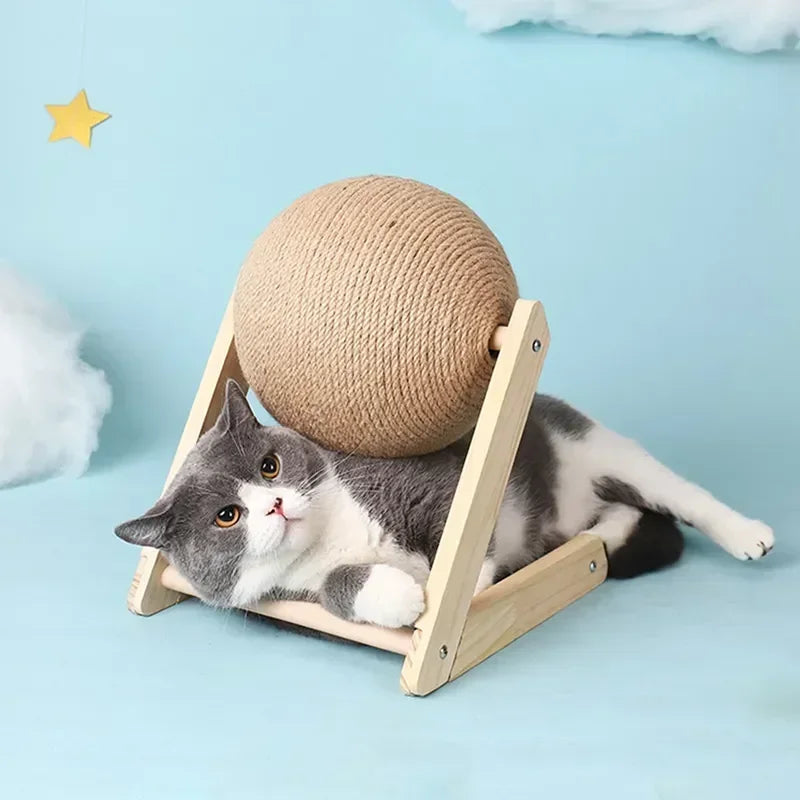 Solid Wood Natural Sisal Scratcher Cat Ball Toy - Alvorro